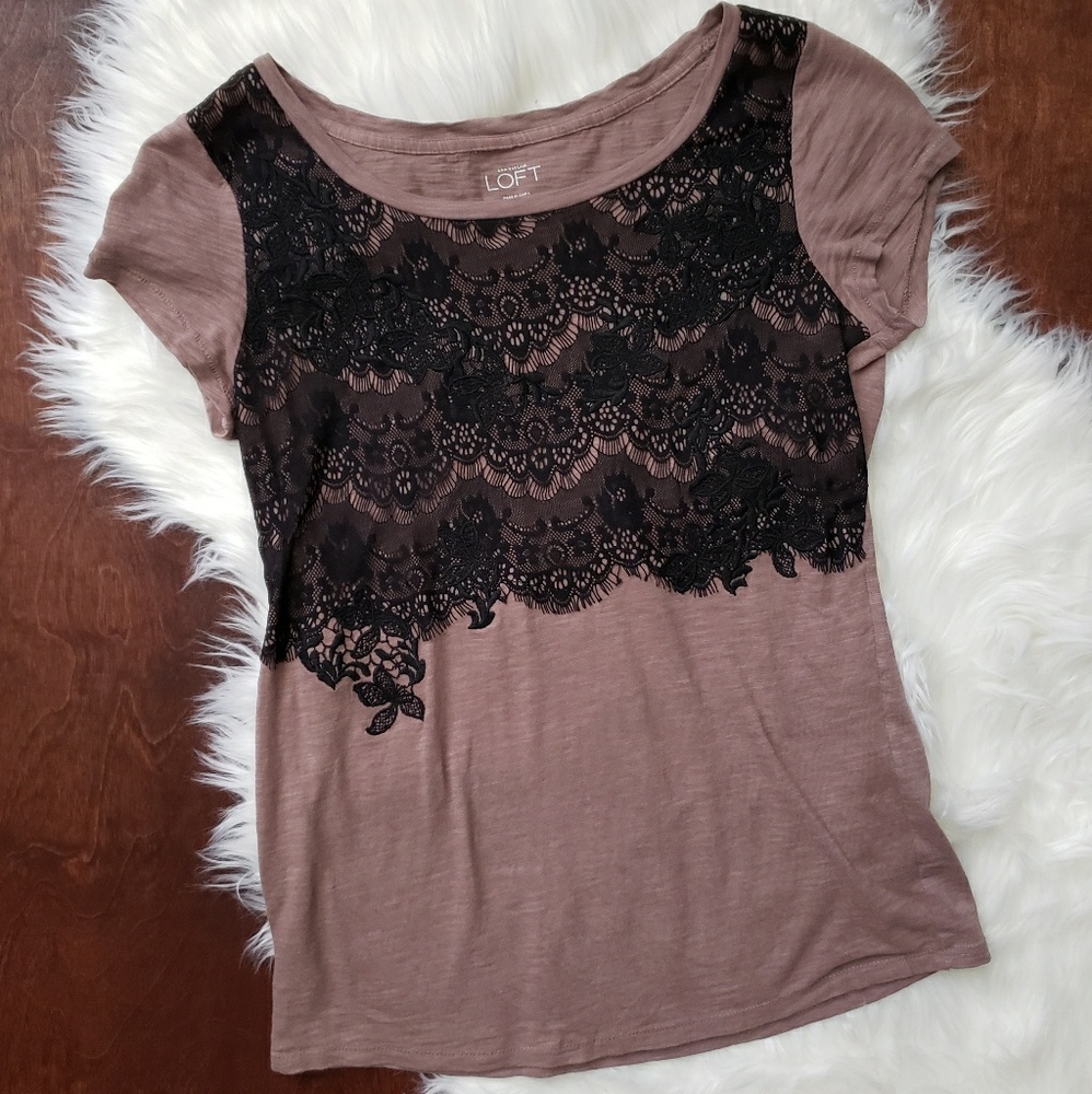 ANN TAYLOR Black Lace Taupe shirt top sz small